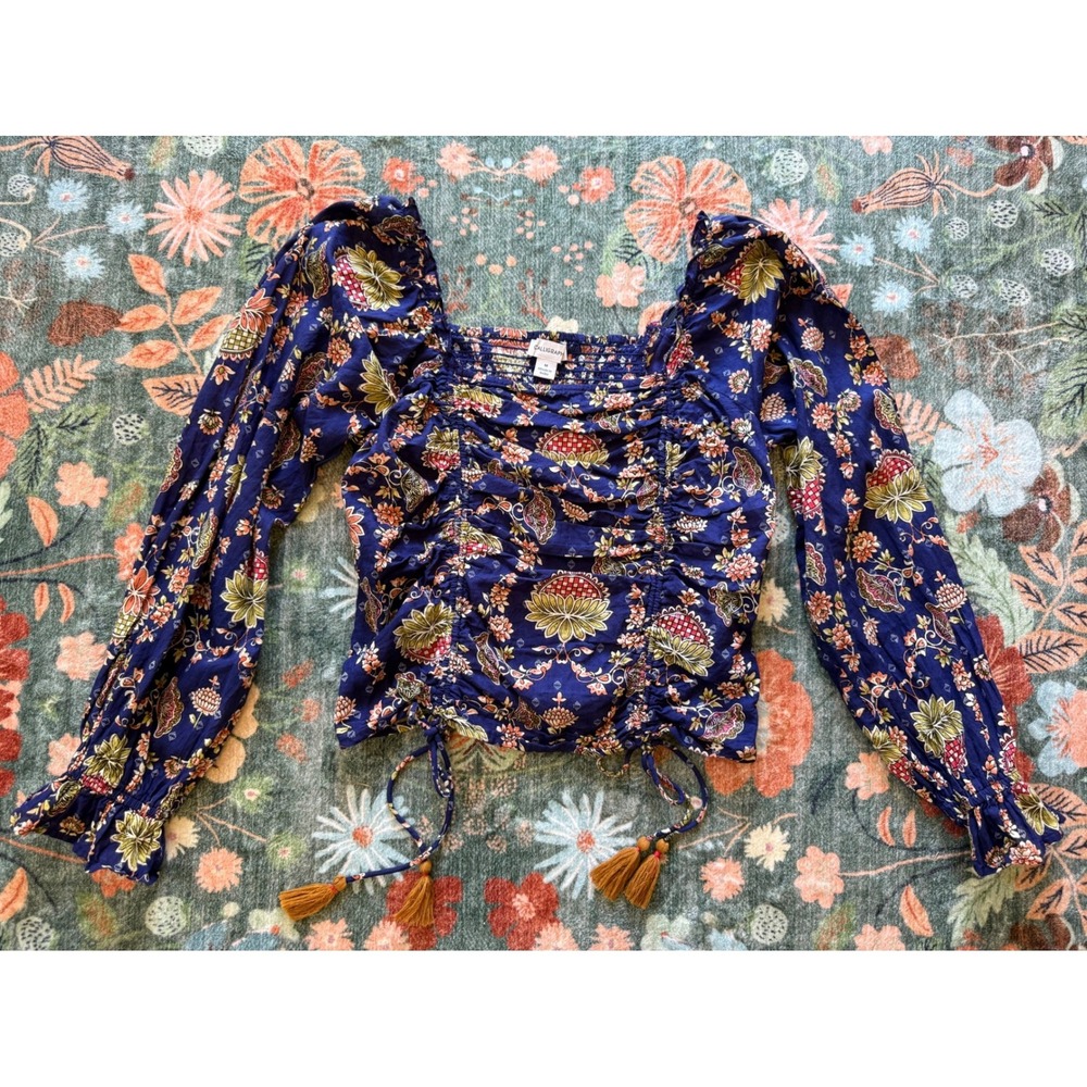 Calligraphie Navy Floral Smocked Ruched Tassel Top Long Sleeve Womens‎ M